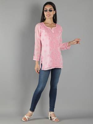 Hand Embroidered Lucknowi Chikankari Pink Georgette Short Top with Slip 5