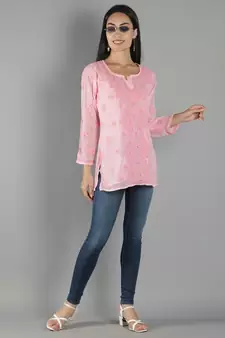 Hand Embroidered Lucknowi Chikankari Pink Georgette Short Top with Slip
