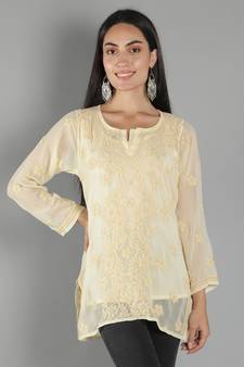 Hand Embroidered Lucknowi Chikankari Light Beige Georgette Short Top with Slip