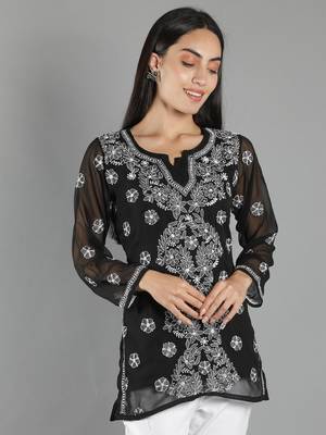 Hand Embroidered Lucknowi Chikankari Black Georgette Short Top with Slip 1