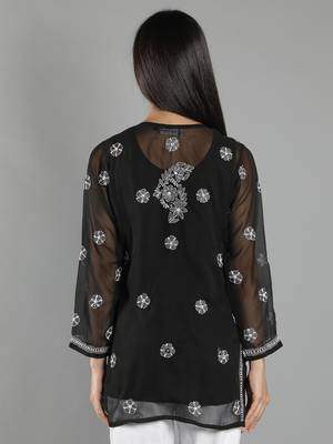 Hand Embroidered Lucknowi Chikankari Black Georgette Short Top with Slip 2