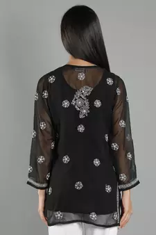 Hand Embroidered Lucknowi Chikankari Black Georgette Short Top with Slip