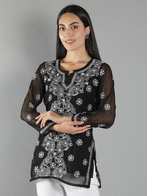 Hand Embroidered Lucknowi Chikankari Black Georgette Short Top with Slip 3