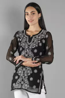 Hand Embroidered Lucknowi Chikankari Black Georgette Short Top with Slip