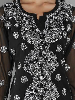 Hand Embroidered Lucknowi Chikankari Black Georgette Short Top with Slip 4