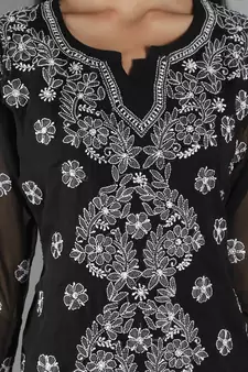 Hand Embroidered Lucknowi Chikankari Black Georgette Short Top with Slip