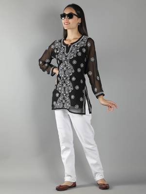 Hand Embroidered Lucknowi Chikankari Black Georgette Short Top with Slip 5