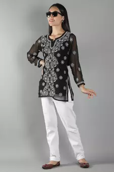 Hand Embroidered Lucknowi Chikankari Black Georgette Short Top with Slip