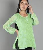 Hand Embroidered Lucknowi Chikankari Green Georgette Short Top with Slip