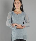 Hand Embroidered Lucknowi Chikankari Grey Georgette Short Top with Slip