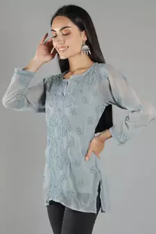 Hand Embroidered Lucknowi Chikankari Grey Georgette Short Top with Slip