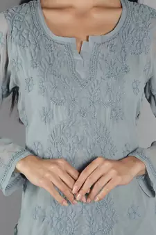 Hand Embroidered Lucknowi Chikankari Grey Georgette Short Top with Slip