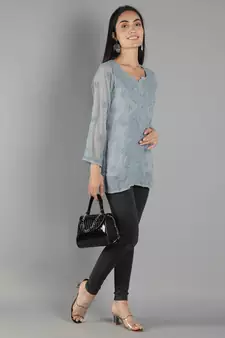 Hand Embroidered Lucknowi Chikankari Grey Georgette Short Top with Slip