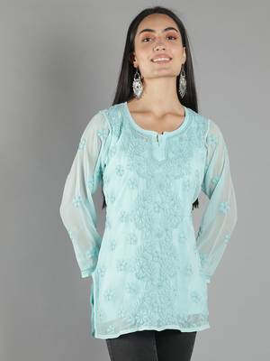 Hand Embroidered Lucknowi Chikankari Sea Green Georgette Short Top with Slip 1