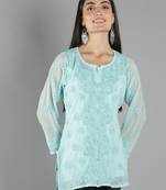 Hand Embroidered Lucknowi Chikankari Sea Green Georgette Short Top with Slip