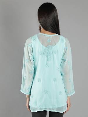 Hand Embroidered Lucknowi Chikankari Sea Green Georgette Short Top with Slip 2