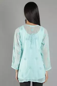 Hand Embroidered Lucknowi Chikankari Sea Green Georgette Short Top with Slip