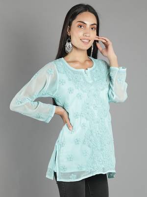 Hand Embroidered Lucknowi Chikankari Sea Green Georgette Short Top with Slip 3