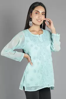 Hand Embroidered Lucknowi Chikankari Sea Green Georgette Short Top with Slip