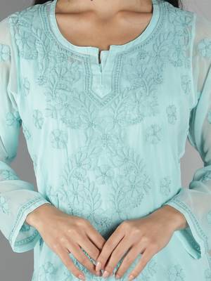 Hand Embroidered Lucknowi Chikankari Sea Green Georgette Short Top with Slip 4