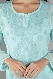 Hand Embroidered Lucknowi Chikankari Sea Green Georgette Short Top with Slip