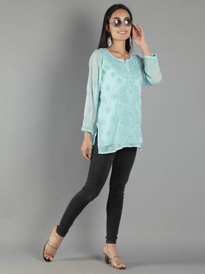 Hand Embroidered Lucknowi Chikankari Sea Green Georgette Short Top with Slip 5