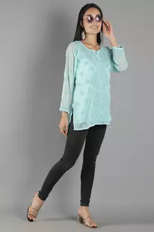 Hand Embroidered Lucknowi Chikankari Sea Green Georgette Short Top with Slip