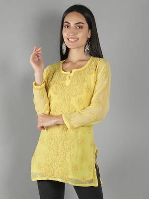 Hand Embroidered Lucknowi Chikankari Yellow Georgette Short Top with Slip 1