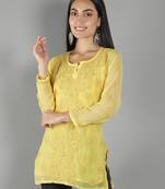 Hand Embroidered Lucknowi Chikankari Yellow Georgette Short Top with Slip