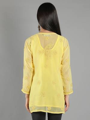 Hand Embroidered Lucknowi Chikankari Yellow Georgette Short Top with Slip 2
