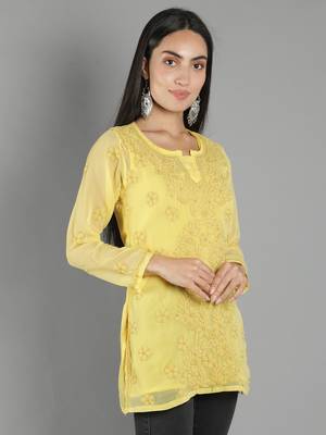 Hand Embroidered Lucknowi Chikankari Yellow Georgette Short Top with Slip 3
