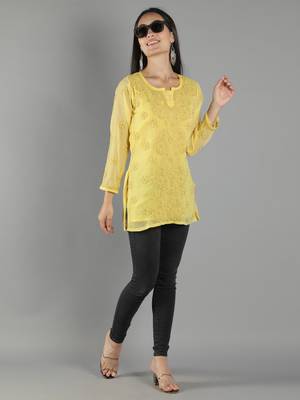Hand Embroidered Lucknowi Chikankari Yellow Georgette Short Top with Slip 5