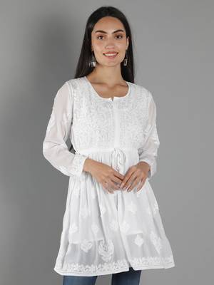 Hand Embroidered Lucknowi Chikankari White Viscose Georgette Short Top with Slip 1