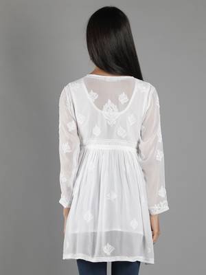 Hand Embroidered Lucknowi Chikankari White Viscose Georgette Short Top with Slip 2