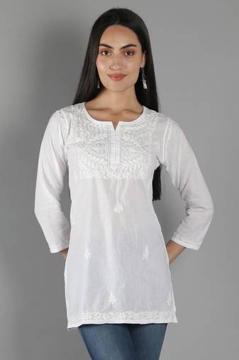 Hand Embroidered Lucknowi Chikankari White Cotton Short Top