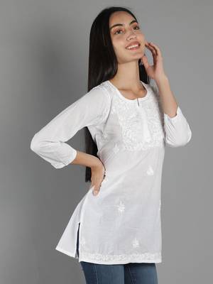 Hand Embroidered Lucknowi Chikankari White Cotton Short Top 3