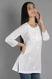 Hand Embroidered Lucknowi Chikankari White Cotton Short Top