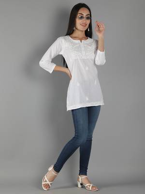 Hand Embroidered Lucknowi Chikankari White Cotton Short Top 5