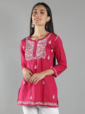 Hand Embroidered Lucknowi Chikankari Magenta Cotton Short Top 1