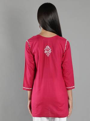 Hand Embroidered Lucknowi Chikankari Magenta Cotton Short Top 2
