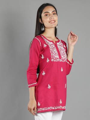 Hand Embroidered Lucknowi Chikankari Magenta Cotton Short Top 3