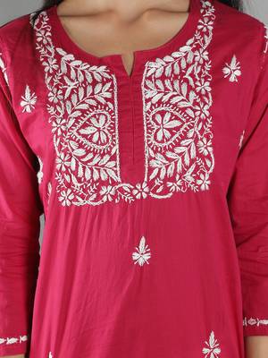 Hand Embroidered Lucknowi Chikankari Magenta Cotton Short Top 4