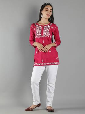 Hand Embroidered Lucknowi Chikankari Magenta Cotton Short Top 5