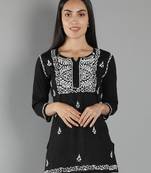 Seva Chikan Hand Embroidered Lucknowi Chikankari Black Cotton Short Top