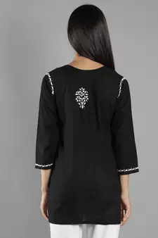 Seva Chikan Hand Embroidered Lucknowi Chikankari Black Cotton Short Top