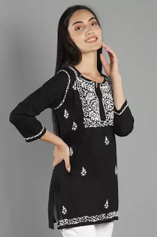 Seva Chikan Hand Embroidered Lucknowi Chikankari Black Cotton Short Top