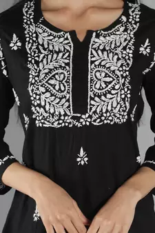 Seva Chikan Hand Embroidered Lucknowi Chikankari Black Cotton Short Top