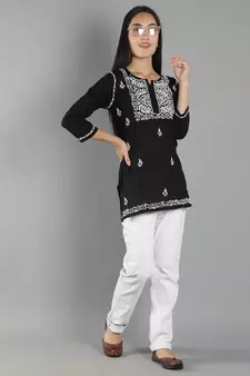 Seva Chikan Hand Embroidered Lucknowi Chikankari Black Cotton Short Top