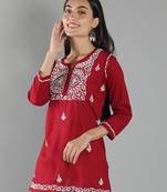 Hand Embroidered Lucknowi Chikankari Maroon Cotton Short Top