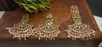 Copper Base Very Light Weight Handmade Kundan Gold Plated Earring Maangtika Combo Set Jewellery 3